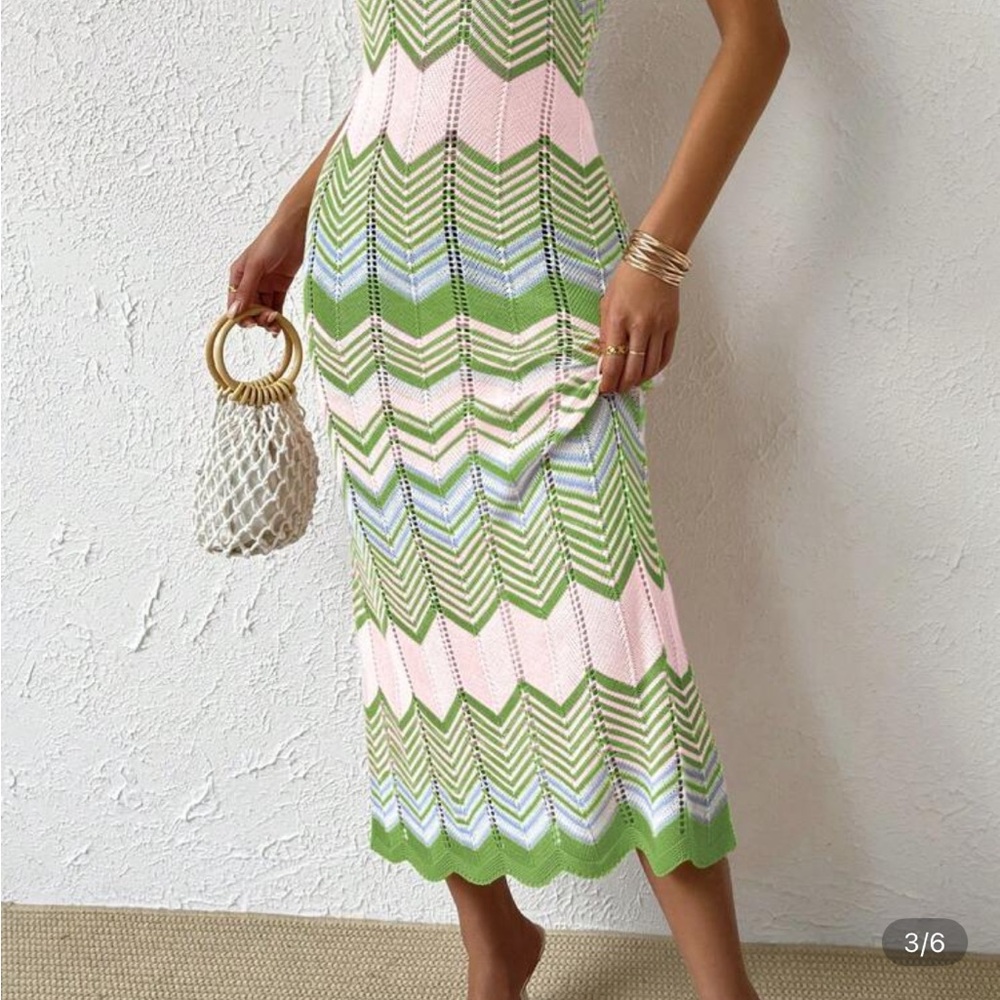 Chevron Knit Midi Dress in Green and Pink